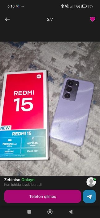 Redmi 15 Sandy Purple (8/256) sotiladi