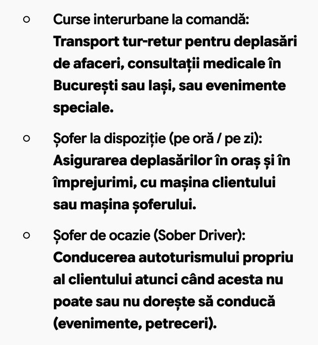 Curse interurbane la comandă Șofer la dispoziție/ocazie