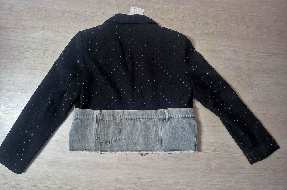 Sacou dama casual negru cu strasuri si denim