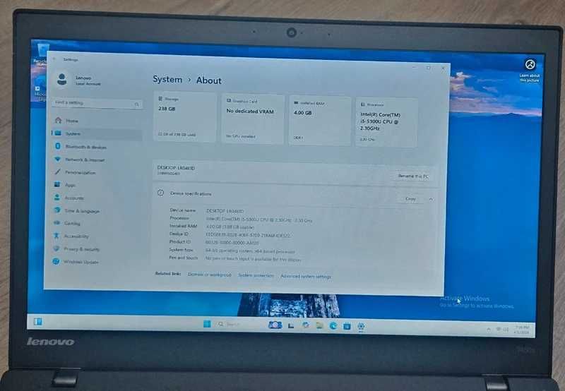 Laptop Lenovo T450s Intel I5 5300U 8GB Ram Windows 11
