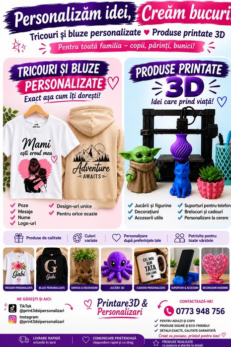 Printare 3 d și personalizări tricouri căni șepci hanorace