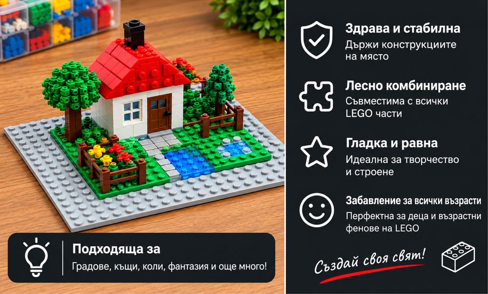 Сива основа за LEGO – 16×16 см– (НОВА)