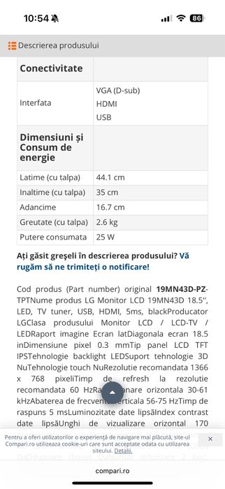 Televizor LG 19MN43D-PZ diagonala 18,5”