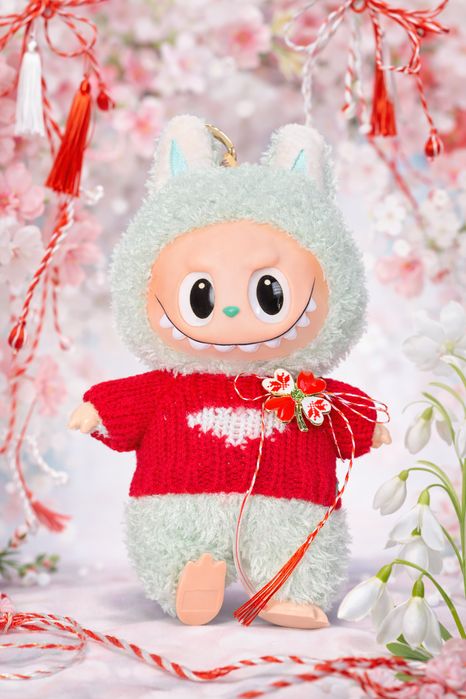 Jucarie de plus breloc - tip Labubu cu martisor - 15 cm  verde