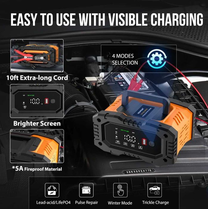 NEXPEAK NC202 10-Amp зарядно устройство за батерии 12V 24V LiFePO4 оловно-киселинни 8-степенно