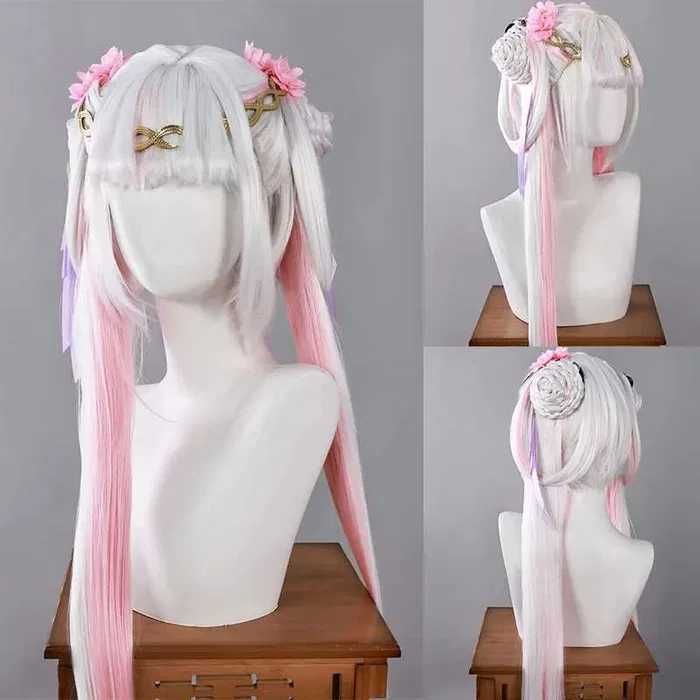 Висококачествена аниме перука бяло и розово с подвижни опашки