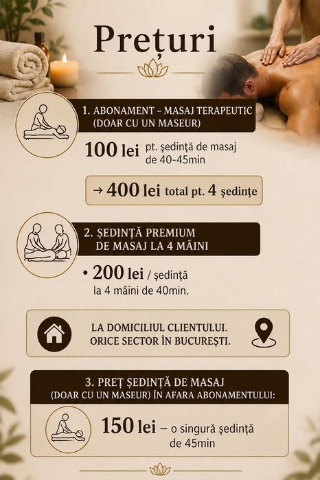 Masaj domiciliu 100 lei/ședință (abonament 4 ședințe)