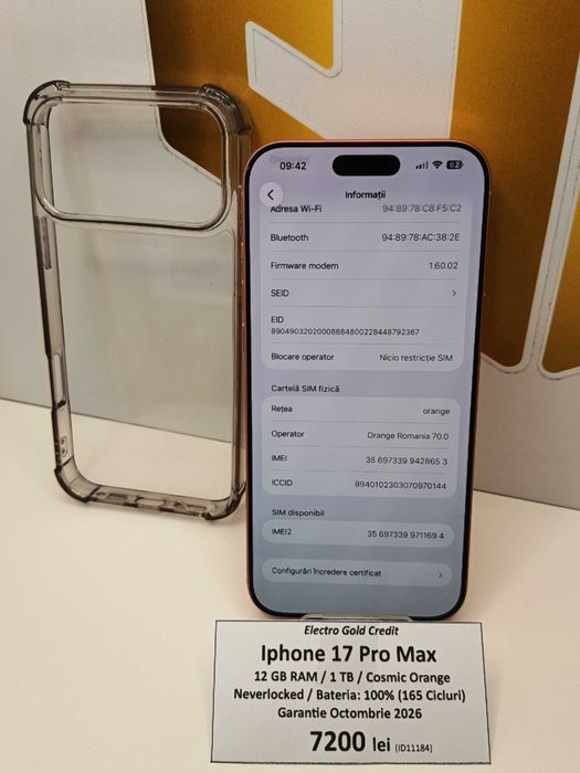 Iphone 17 Pro Max 1TB Cosmic Orange/Neverlocked/Baterie: 100%/Garantie Octombrie 2026 ID11184