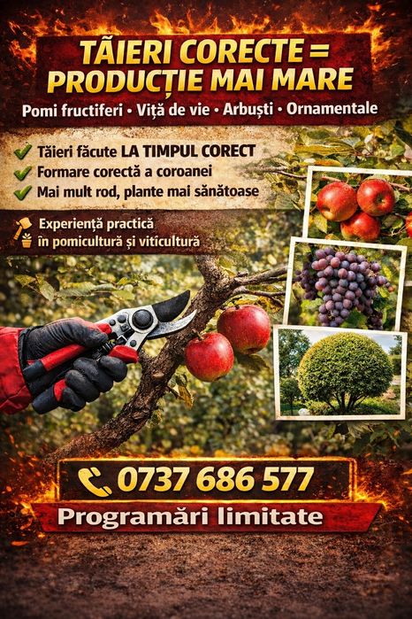 Tăieri profesionale pomi și arbuști fructiferi și viță de vie