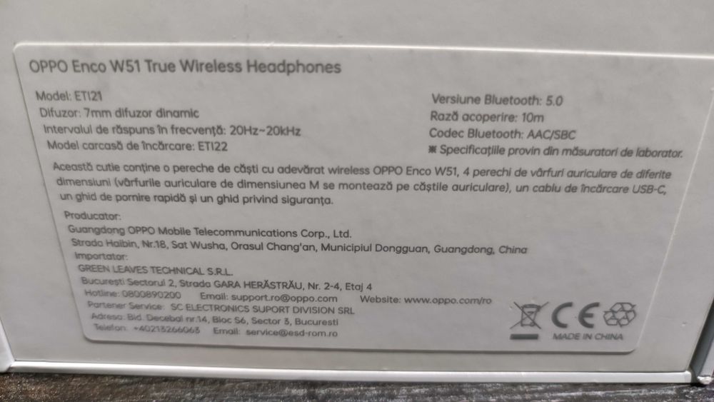 Слушалки OPPO Enco W51, Wireless, Bluetooth, Микрофон,Noise Cancelling
