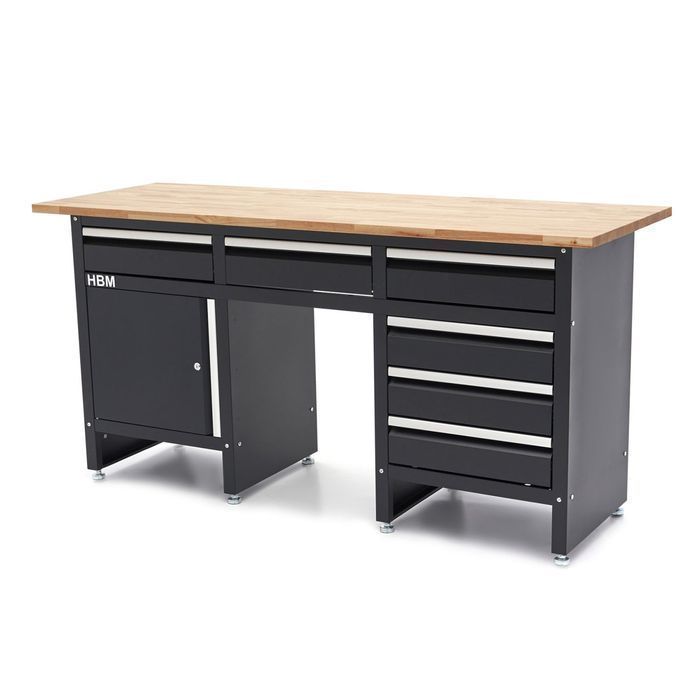 Banc de lucru negru cu 6 sertare, 1 usa si blat din lemn masiv - 171 c