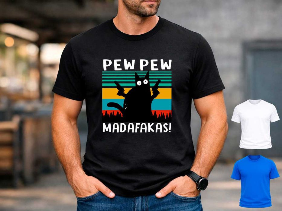 Мъжка тениска с котка „Pew Pew Madafakas“ – забавен ретро дизайн