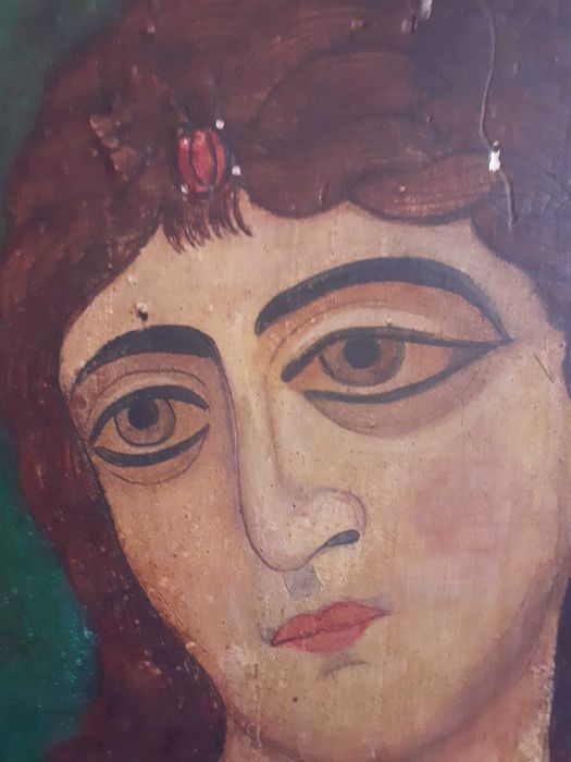 icoana veche pictura pe lemn Arhanghelul Gavriil si Fecioara Maria
