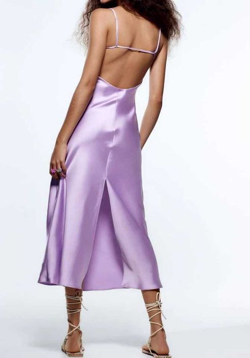 Rochie midi spate gol Zara liliac mov deschis pudra pastel satinată cu bretele
