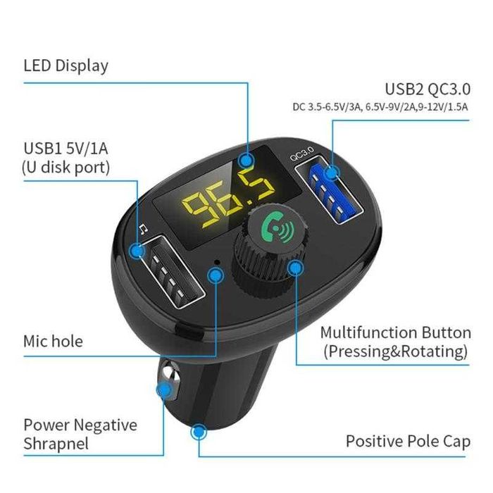 Автомобильный FM модулятор с вольтметром Bluetooth MP3 зарядка USB