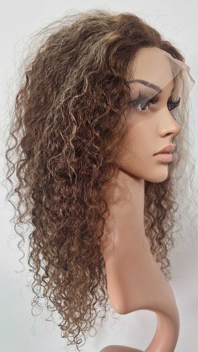 Естествена афро къдрава перука - кафява с руси кичури / 13x4 Lace