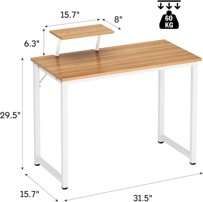 Компютърно бюро с рафтове за съхранение, дървено и метално дъбово бяло