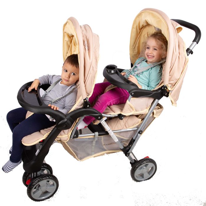Carucior dublu pentru doi copii cu varste apropiate sau gemeni, bej