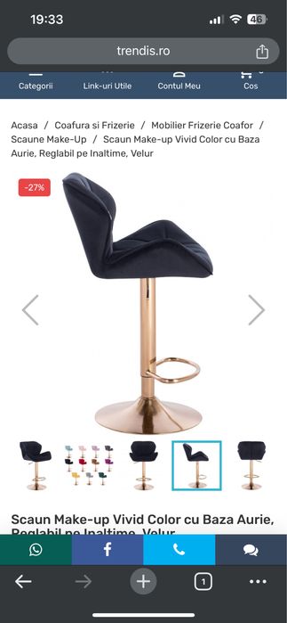 Scaun Make-up Vivid Color cu Baza Aurie, Reglabil pe Inaltime, Velur