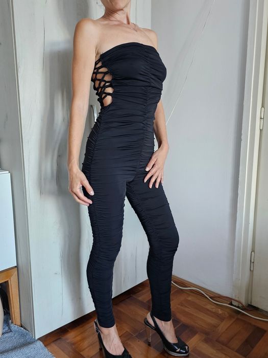 Salopetă neagră mulată Shein XS S M bodycon sexy ruched reglabilă party club elegantă