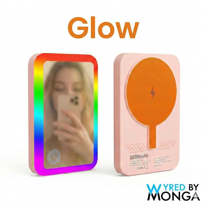 Baterie Wyred by Monga Glow MagSafe 5000mAh cu Oglindă și LED RGB, Roz