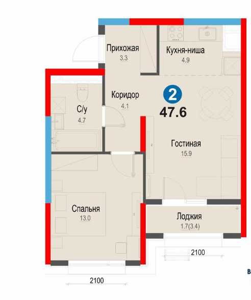 2 ком квартира 47.6 м2 ЖК Zamon — ипотека пер взнос всего  12,150 у,е