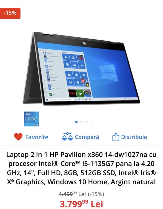 Laptop 2 în 1 HP Pavilion x360 14-dw1027na