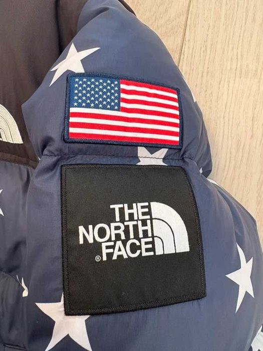The North Face USA Stars Print 700 Down Puffer Nuptse Jacket Navy Blue