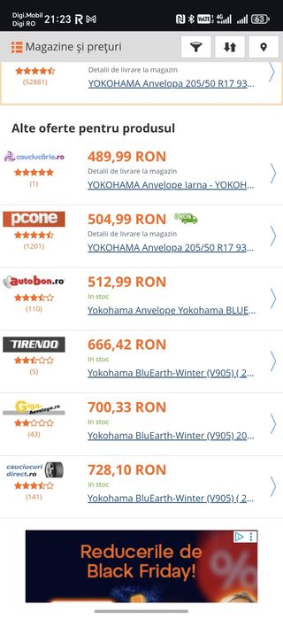 205/50R17 93V Yokohama iarna, stare foarte buna fara defecte ascunse