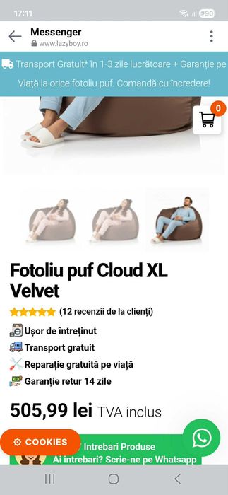 Fotoliu Lazyboy Cloud XL Velvet, verde inchis, nou