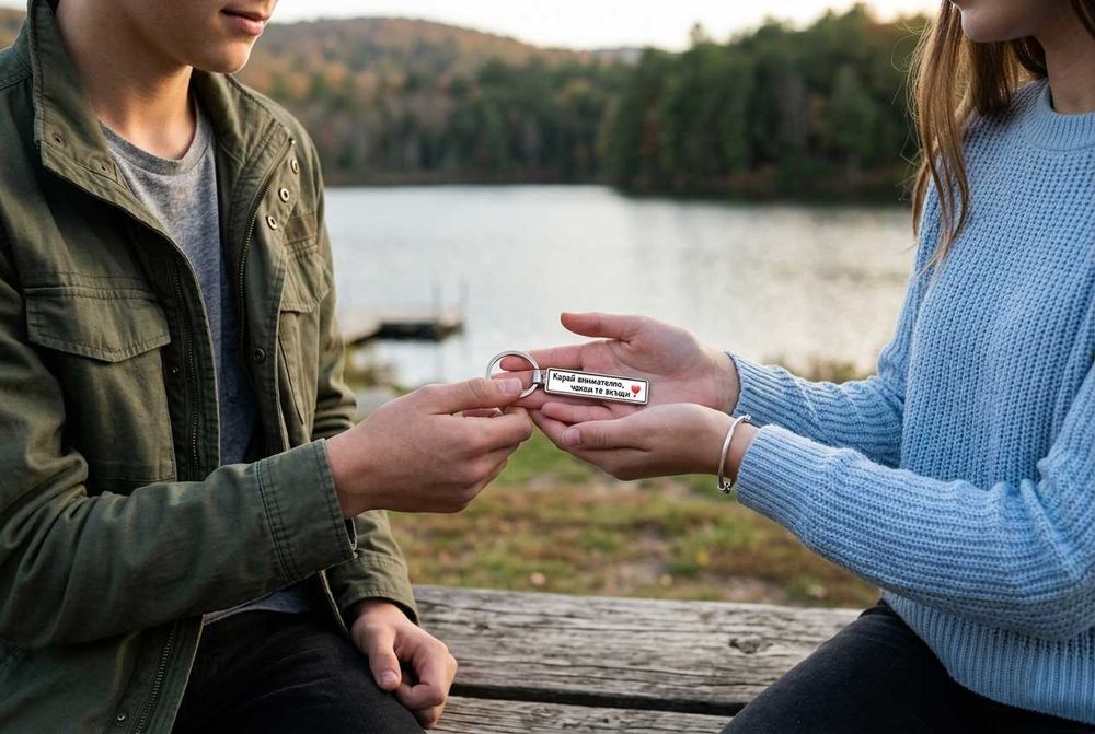 Ключодържател с регистрационен номер и надпис послание