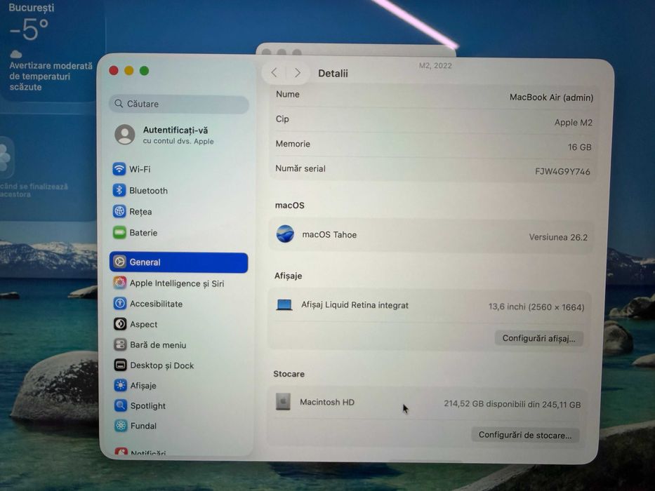 MacBook Air M2 2022 – 16GB RAM – 256GB SSD – 100% baterie – ca nou