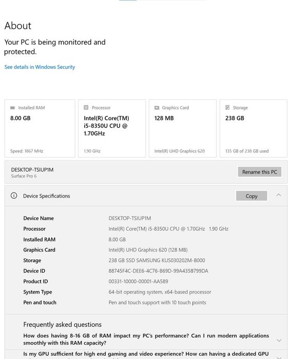 Microsoft Surface Pro 6 8GB RAM 256GB Storage SSD Graphic Card 128 Mb