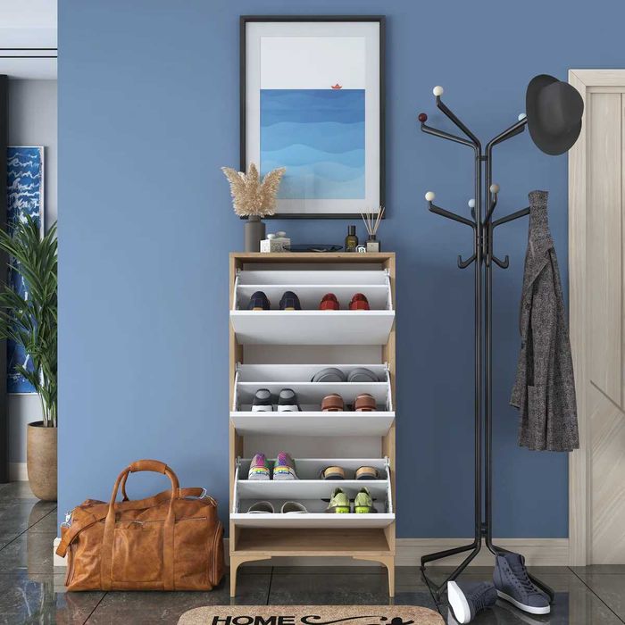 Шкаф за обувки Puzzle-home 2814, ПДЧ, Орех & Бяло