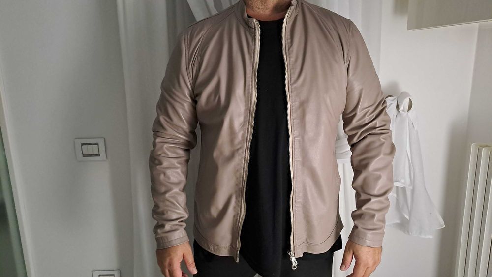 Geaca de piele naturala bărbati bej uzata