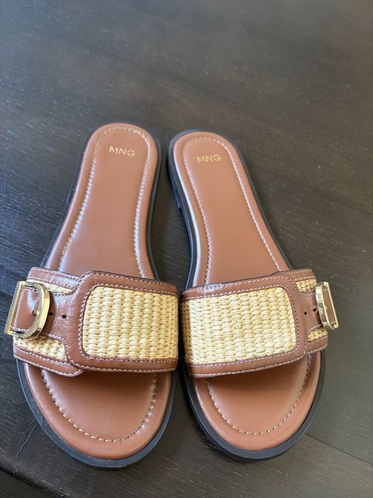 Sandale slapi Mango rafie cu piele camel maro marimea 39
