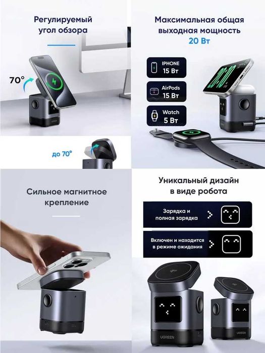 Беспроводная зарядка UGREEN 2 в 1 MagSafe 20W магнитная