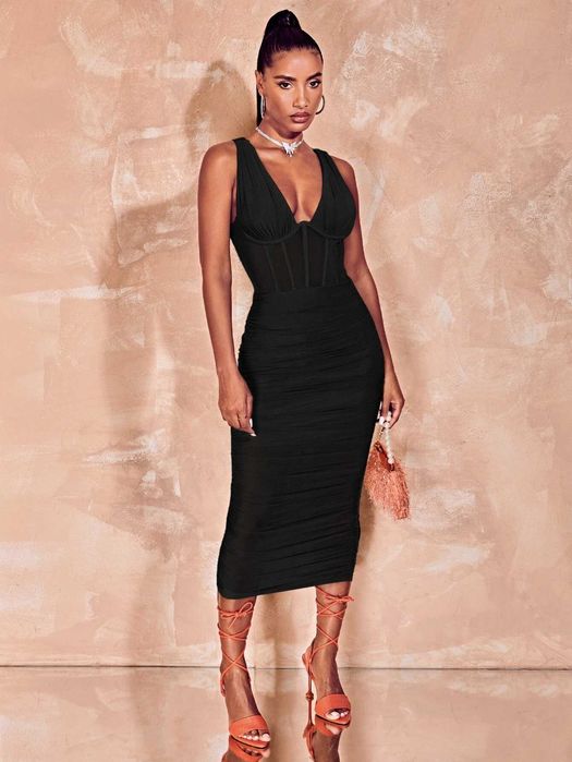 Rochie midi incretita tip corset (negru)