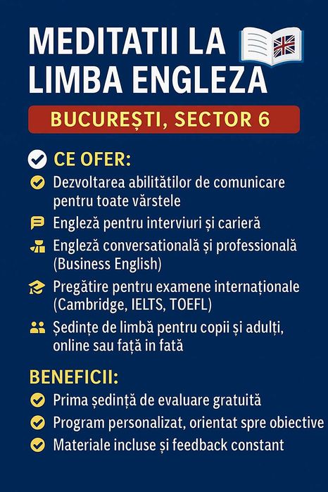 Meditații Engleză – Profesor calificat, Sector 6 București sau Online