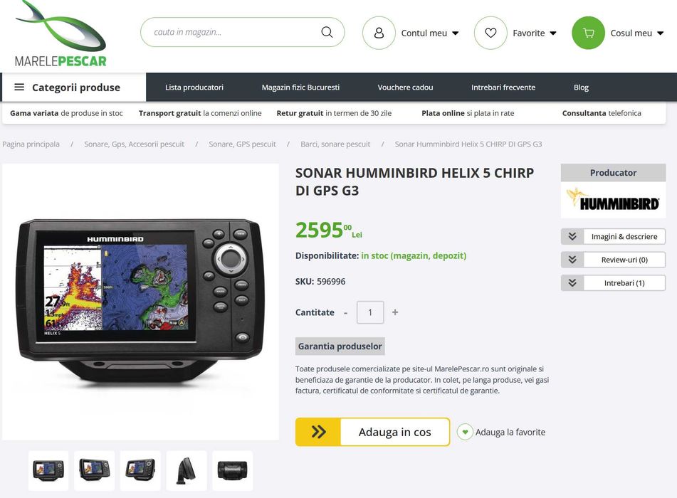 Sonar pescuit barca HUMMINBIRD Helix 5 CHIRP GPS G3 |  Nou & SIGILAT