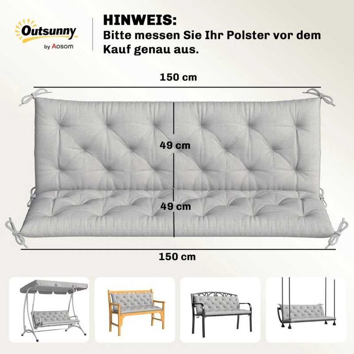 Възглавница за пейка Outsunny за 3 души, 150x98x8 см,
