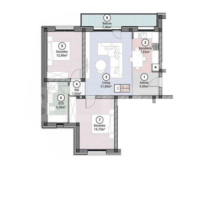 Apartament cu 3 camere 68 mp utili + gradina 100 mp, Mosnita Noua