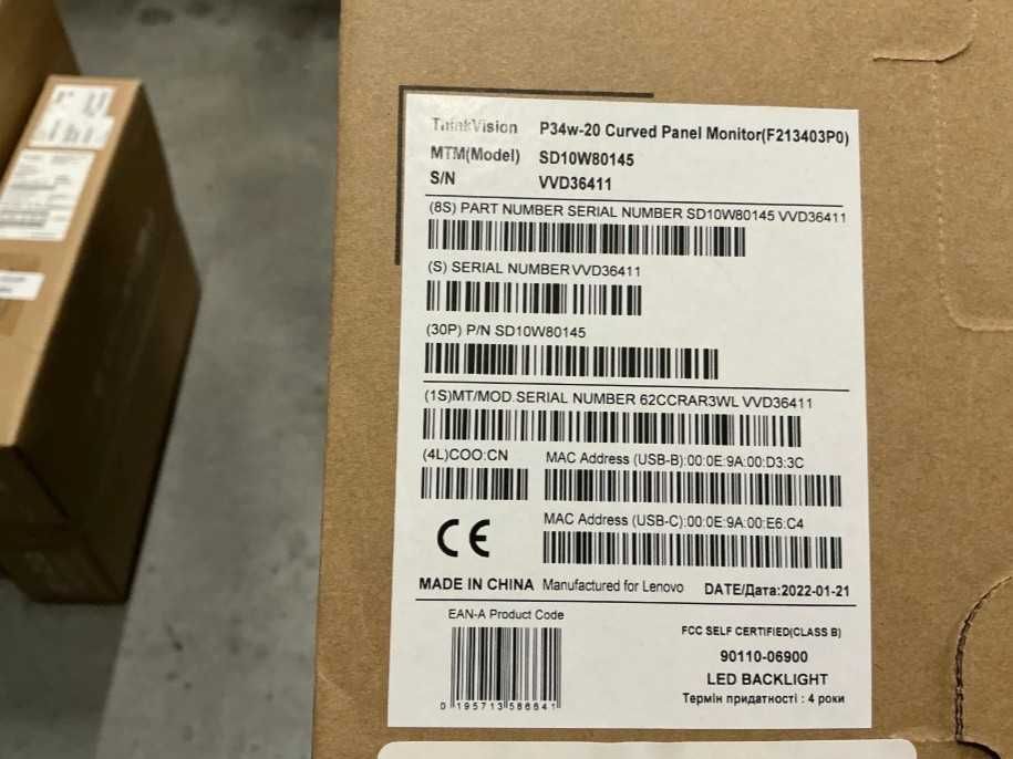 Lenovo ThinkVision P34w-20 Monitor PC 34" UWQHD IPS Curbat