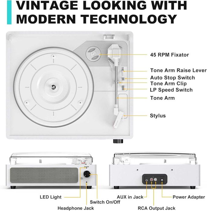 Грамофон за винилови плочи с вградени високоговорители-Бял-Промо
