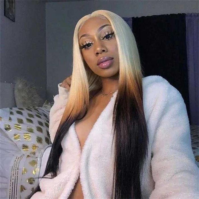 Ефектна русо към кафяво и черно омбре права перука 60 см –  Lace Front 13×4