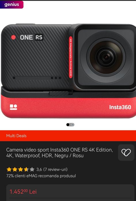 Camera video sport Insta360 ONE RS 4K Edition, 4K, Waterproof, HDR,