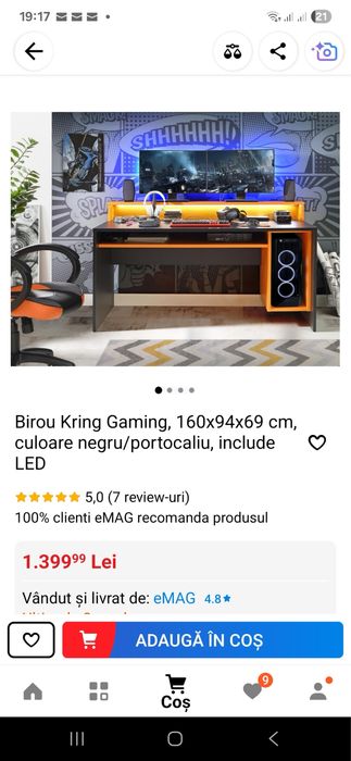 URGENT | Birou Gaming Kring - Iluminare LED - 160x94x69 cm