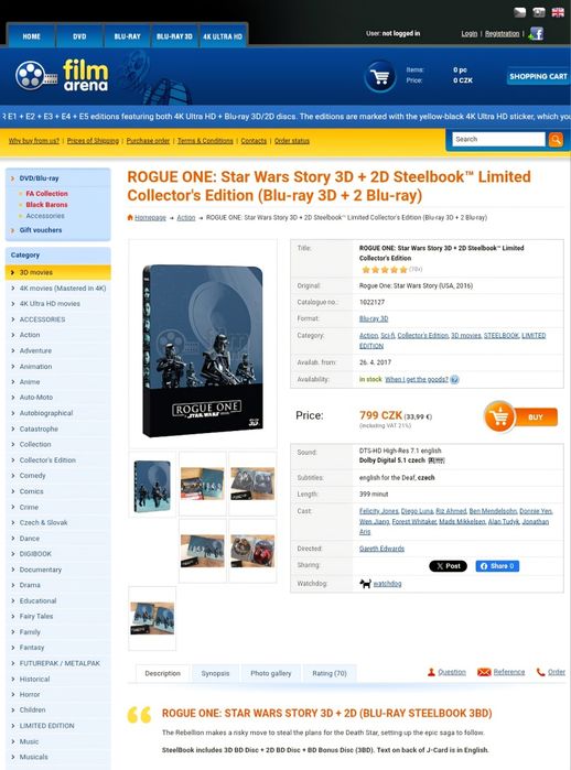 Vand steelbook Star Wars - Rogue One Film Arena,  bluray 3D+2D, nou neutilizat - 3 diskuri bluray
