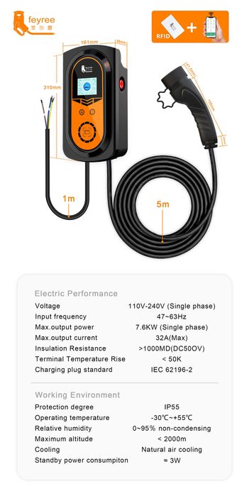 Станция за зареждане на елек. автомобили монофазна 7.6KW/32A