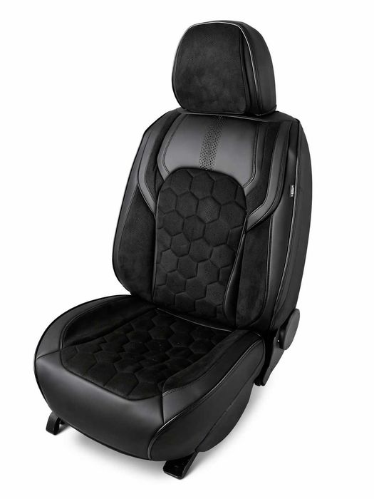 Комплект луксозна универсална тапицерия еко кожа и алкантара - черна, черно-сива или черно-червена.